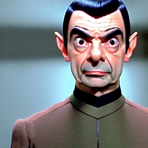 Image similar to Movie still of Mr. Bean as Spock from Star Trek, direct gaze