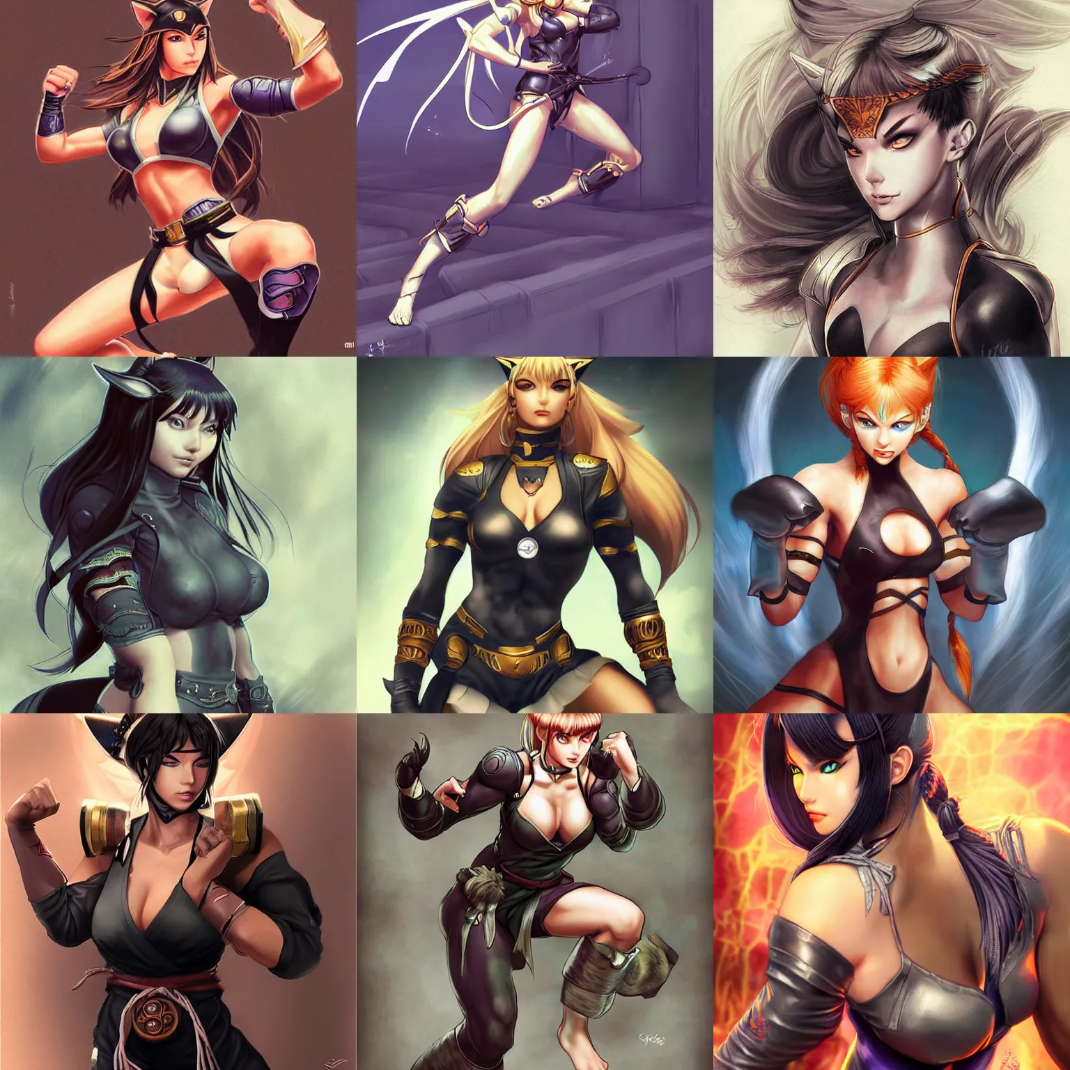 Prompt: beautiful female cat martial arts fighter catgirl character street fighter full - length image, concept art futuristic norse, anime art, intricate details, highly detailed photorealistic portrait in the style of adam hughes, seseon yoon, artgerm and warren louw