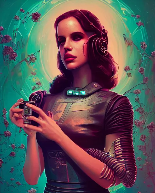 Image similar to portrait of lana del rey as a cyberpunk cyborg. roses, sci - fi, intricate abstract, upper body, intricate artwork, by tooth wu, wlop, beeple, dan mumford. concept art, 8 k octane render, deviantart, greg rutkowski, cinematic, key art, hyperrealism, iridescent accents