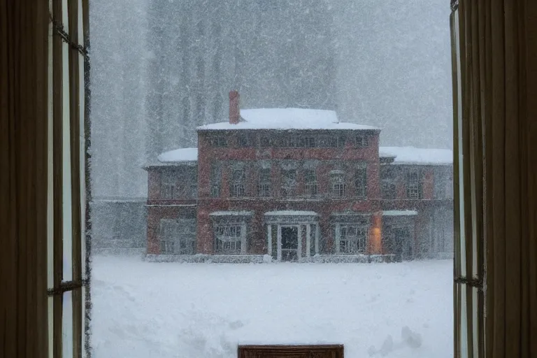 Image similar to The Shining Overlook Hotel, entrance, snow storm, scary, shattered windows, trending on artstation, realistic, cinematic composition, hyper realistic, highly detailed