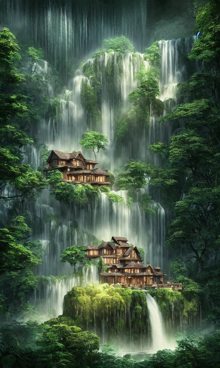 Image similar to beautiful big house in the forest, a big waterfall flows down from the mountain, octane render, fabulous, hyper detailed, random cinematic view, no noise, global illumination, warm lighting, volumetric, godrays, vivid, beautiful, by jordan grimmer