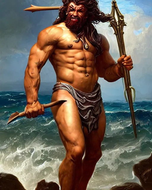 Image similar to a portrait of strong and proud young Poseidon with trident in his hands, screaming, ready to fight, rising from the ocean by Ross Tran and Thomas Cole and Wayne Barlowe