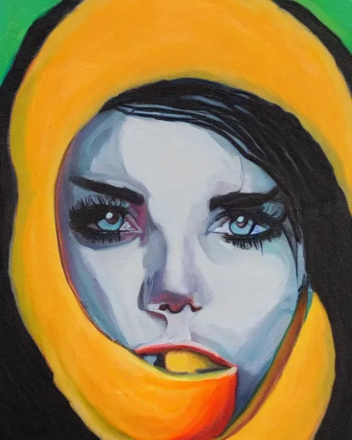 Image similar to a painting of an emo teenager with cantaloupe vibes.