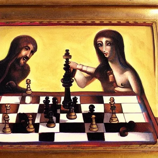 Prompt: Adam and Eve playing chess on a chessboard, while the serpent watches. Oil painting.