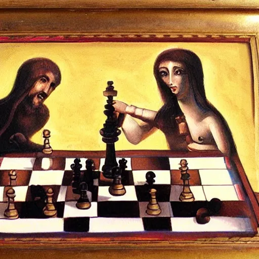 A Game of Chess (oil on panel)