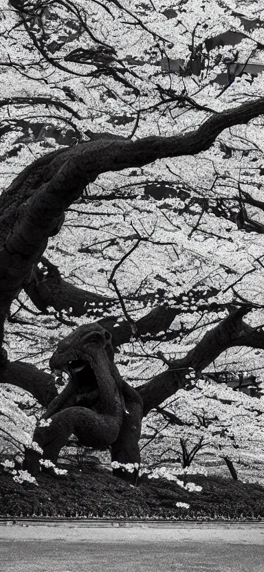 Image similar to “ a portrait photo of tyrannosaurus as little kid at a sakura tree, side shot, by shunji dodo, 8 k resolution, black and white photo, high quality ”