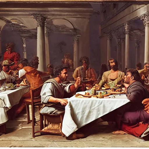 Image similar to Two men arguing at a crowded table at a Roman feast, beautiful and realistic matte painting