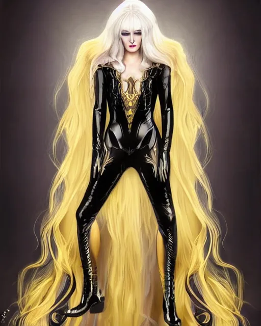 Image similar to Lucius as an androgynous albino prince in a black gilded obsidian bodysuit, long fluffy golden blonde curly hair, symmetrical center parted curtain bangs, digital painting, sci-fi setting, symmetrical features, Daniel Gerhartz, high detail intricate, artstation, WLOP, Artgerm, J. Scott Campbell; Olivia De Berardinis, Daniel Gerhartz, jack kirby, mysterious vibes