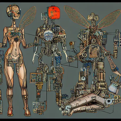 Image similar to a diagram of a fairy body with various parts, cyberpunk art by eduardo paolozzi, behance contest winner, computer art, greeble, steampunk, poster art, glyphs