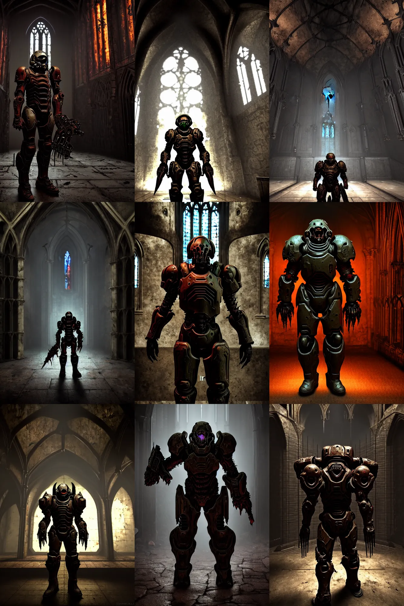 Prompt: individual in doom slayer armor from doom 2 0 1 6 in a gothic church, rusty metal walls, broken pipes, dark colors, muted colors, tense atmosphere, church cathedral, mist floats in the air, amazing value control, muted colors, moody colors, dramatic lighting, in the style of frank frazetta, doom video game