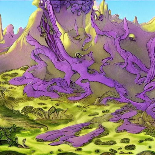 Prompt: The Purple People Eater :: extremely detailed landscape :: concept art by Don Bluth :: a masterpiece by Alan Davis ::