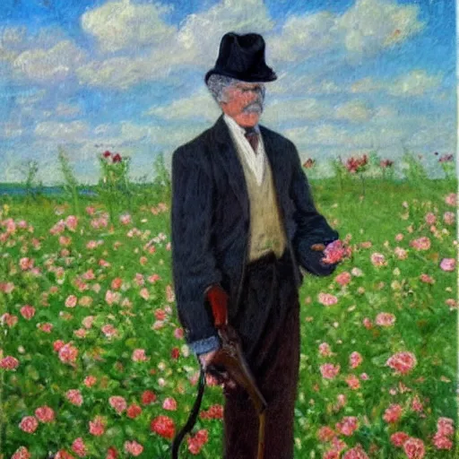 Image similar to an impressionist painting of a tall older man standing in a field of roses with blue eyes that is wearing a wide brim hat and a leather vest with a blue shirt. He is holding a revolver in his left hand and a rose is in his right hand.