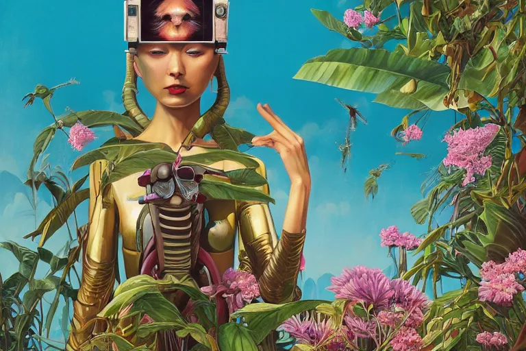 Image similar to evangelionic illustration, gigantic girl head, a lot of exotic vegetation, trees, tremendous pleasure robot, flowers, oldschool vintage sci - fi flat surreal design, super - detailed, oil painting by unji ito, tristan eaton, victo ngai, artgerm, rhads, ross draws,, hd, 4 k, high quality