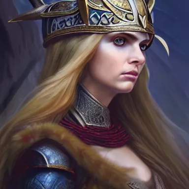 Image similar to Portrait elven viking girl warrior lady viking valkyrie, alexandra daddario, 4k oil on linen by wlop, artgerm, andrei riabovitchev, nuri iyem, james gurney, james jean, greg rutkowski, highly detailed, soft lighting 8k resolution