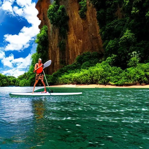 Image similar to a human - sized lemur on a stand up paddleboard floating down the middle of a river with cliffs on either side, digital art, highly detailed, landscape art, rule of thirds, summer lighting