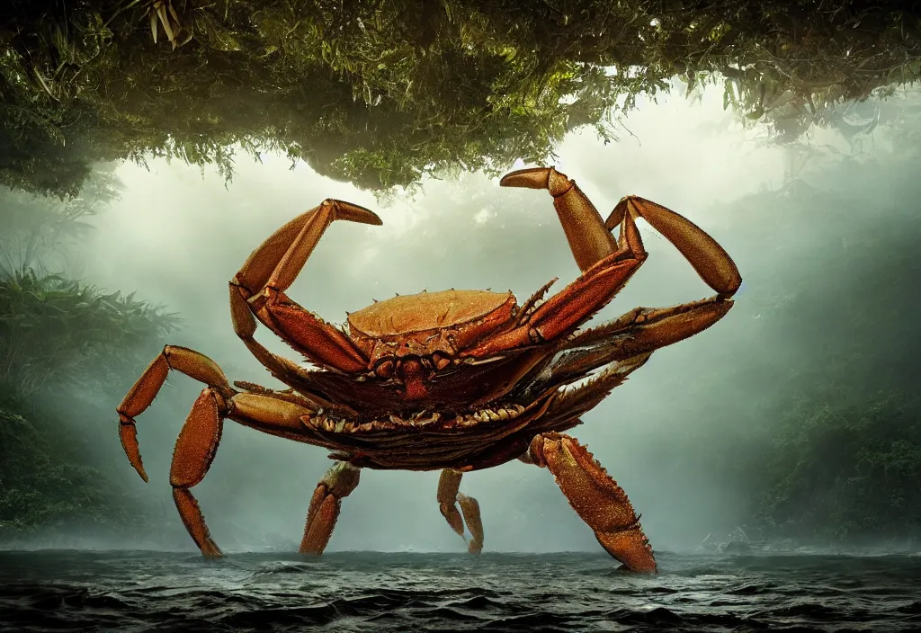 Image similar to an enormous giant crab king emerging from the waters, in a jungle with ominous light from above, ambient light, fog, river, very poetic