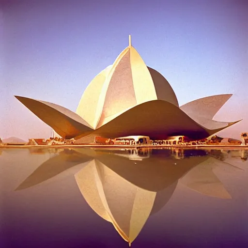 Image similar to futuristic gold, red and white marble lotus temple in the desert, by buckminster fuller and syd mead, intricate contemporary architecture, photo journalism, photography, cinematic, national geographic photoshoot