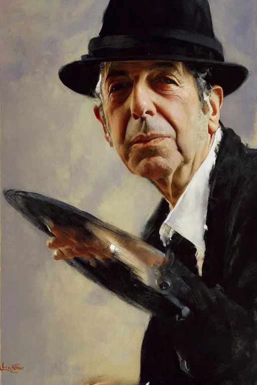 Image similar to Leonard Cohen, wearing a trilby hat, portrait by John Singer Sargent, Frank McCarthy, Robert McGinnis, norman Rockwell