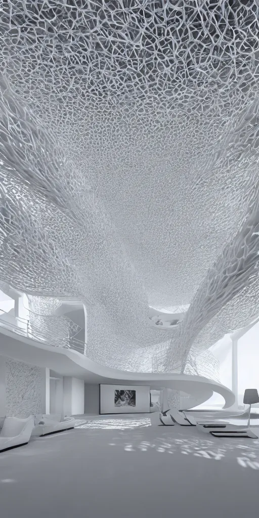 Image similar to white villa 3 d parametric architecture fluid design, vincent callebaut well - defined style, ultra detailed, hyperrealistic, monochromatic, natural volumetric lighting, generative art nebula, photo realistic, archviz, flow everywhere, black metal, magnesium, 8 k, unreal engine