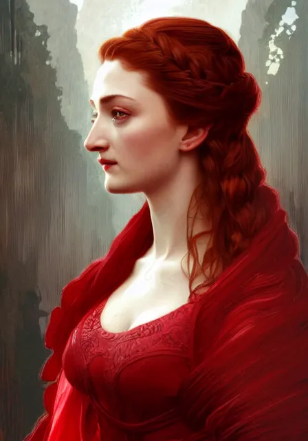 Image similar to portrait of sansa stark in red crimson, intricate, elegant, highly detailed, digital painting, artstation, concept art, smooth, sharp focus, illustration, art by artgerm and greg rutkowski and alphonse mucha and william - adolphe bouguereau