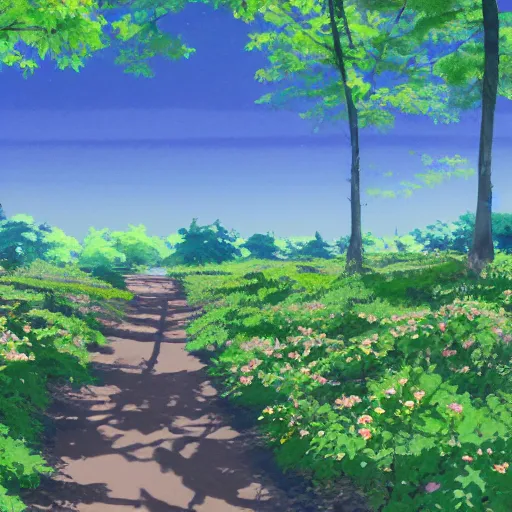 Prompt: deep muddy forest on a sunny day walkway panorama, blooming, very traditional gouache painting by makoto shinkai disney pixar kyoto animation