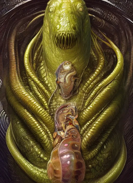 Image similar to far, full body shot of elon musk as slimy mollusk character, drool, wide angle, intricate, elegant, highly detailed, digital painting, artstation, concept art, wallpaper, smooth, sharp focus, illustration, art by artgerm and greg rutkowski and h. r. giger and alphonse mucha