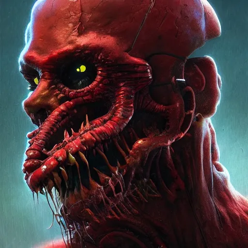 Image similar to character concept art portrait of a horror creature, depth of field background, artstation, award - winning realistic sci - fi concept art by jim burns and greg rutkowski, beksinski, a concept art masterpiece, red color palette, james gilleard, bruegel, alphonse mucha, and yoshitaka amano.