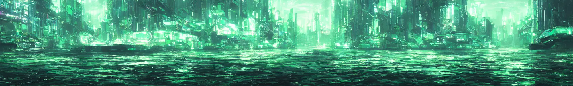 Image similar to reflective waves, cyberpunk texture, green coloring, by studio ghibli and greg rutkowski