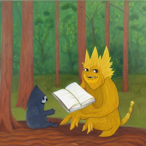 Image similar to monster reading a book in a forest, where the wild things are, bicycle nearby, oil on canvas, calm