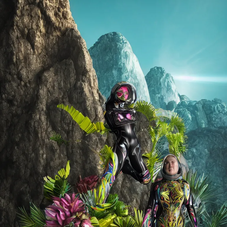 Image similar to octane render portrait by wayne barlow and carlo crivelli and glenn fabry, focus on a woman in a skintight shiny black spacesuit with intricate iridescent metal detailing, covered in bright colorful tropical alien flora in front of a giant rocky cliff, cinema 4 d, ray traced lighting, very short depth of field, bokeh