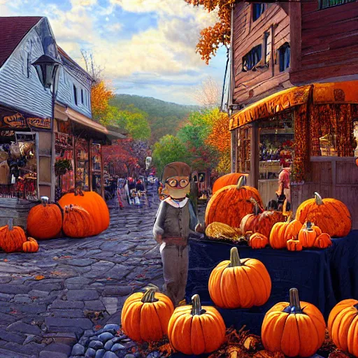 Image similar to pumpkin headed people selling goods at a market in a vermont town square, fall foliage, cobblestone streets, new england colonial buildings, intricate details, sharp focus, digital art, hyper realistic, 4 k, unreal engine, highly detailed, hd, dramatic lighting by brom, based on over the garden wall pottsfield, trending on artstation