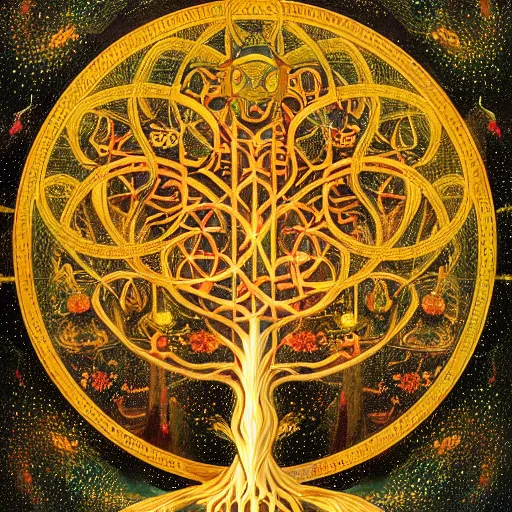 Prompt: a portrait of the holy tree of life, spring, flowers, holy geometry, by Mohrbacher and Moebius, cinematic lighting, masterpiece, golden ratio background, highly detailed, 8k resolution, trending on art station