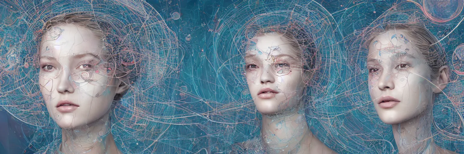 Prompt: The face of a very beautiful goddess radiating an artwork made from layers of technical drawings and architectural plans, very detailed and intricate with callout texts, leaders, arrows and bubbles by James Jean and Ross Tran and WLOP , hyperrealism, swirling acrylics, subsurface scattering, octane render, bokeh, 8k, xparticles