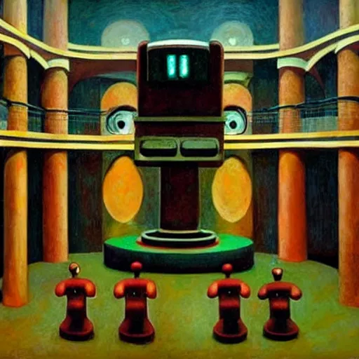 Image similar to robot druids in a grandiose atrium, grant wood, pj crook, edward hopper, oil on canvas