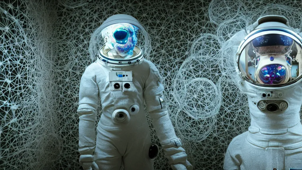 Image similar to a cybernetic symbiosis of a single astronaut eva suit made of wearing knitted yarn thread infected with diamond 3d fractal lace iridescent bubble 3d skin covered with insectoid compound eye camera lenses floats through the living room, film still from the movie directed by Denis Villeneuve with art direction by Salvador Dalí, wide lens,