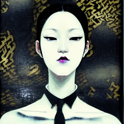 Image similar to yoshitaka amano blurred and dreamy minimalistic oil portrait of a young woman with black lipstick and black eyes wearing dress suit with tie, junji ito abstract patterns in the background, satoshi kon anime, noisy film grain effect, highly detailed, renaissance oil painting, wide brush strokes, weird portrait angle, blurred lost edges