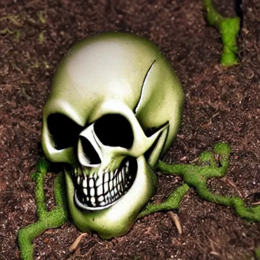 Prompt: alien skull with a goatee, on the forest floor, very detailed, cinematic, -n 6 -h 512