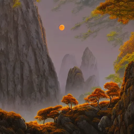 Image similar to huangshan with levitating stones in zero gravity, no trees, ancient redwood forest, taoist temples and monks, artwork by ansel adams, andreas rocha, artstation, scifi, hd, wide angle, viewed from within a stone grotto, autumnal, sunset