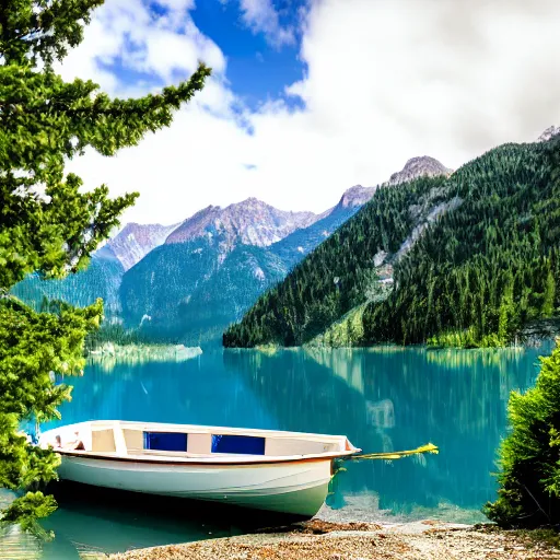 Prompt: A serene photo of a mountain blue lake and a boat, OM-D E-M5 Mark III | M.Zuiko Digital ED 12–40mm F2.8 PRO | 1/50sec | F9 | ISO64