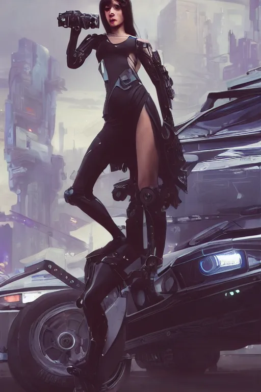 Image similar to a beautiful girl in a cyberpunk costume is standing near ford mustang. masterpiece 4k digital illustration by Ruan Jia and Mandy Jurgens and Artgerm and william-adolphe bouguereau, award winning, Artstation, art nouveau aesthetic, Alphonse Mucha background, intricate details, realistic, panoramic view, Hyperdetailed, 8k resolution, intricate art nouveau