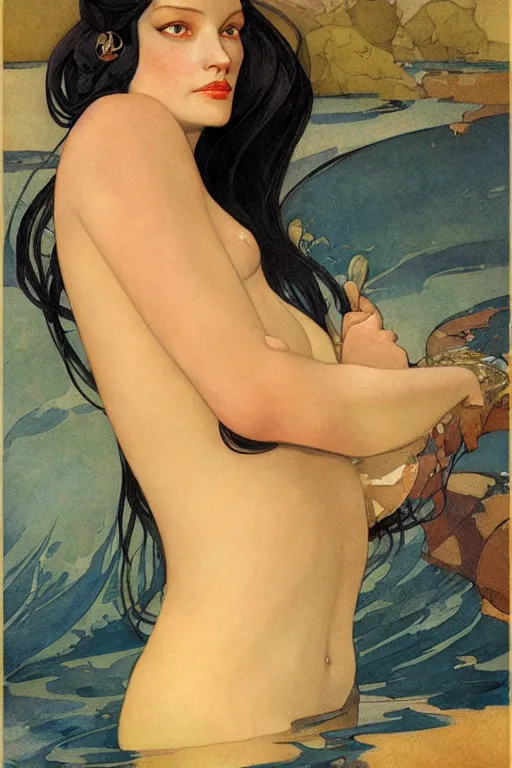 Prompt: Portrait, dark sultry beautiful mermaid with long flowing hair, by N.C. Wyeth, j.c. Leyendecker, Brom, face by Otto Schmidt