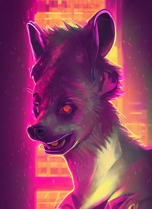 Image similar to beautiful hyena fursona portrait commission of a female anthropomorphic hyena fursona wearing 1 9 8 0 s stylish clothes. city at night in the rain. neon light. atmospheric. character design by charlie bowater, detailed, inked, western comic book art