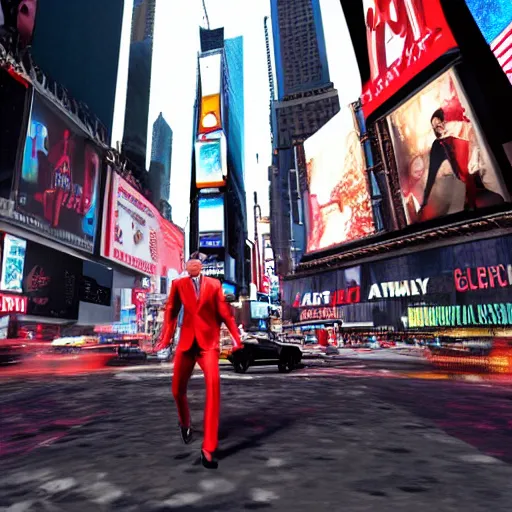 Image similar to a picture of agent 4 7 swinging in nyc times square, photorealistic