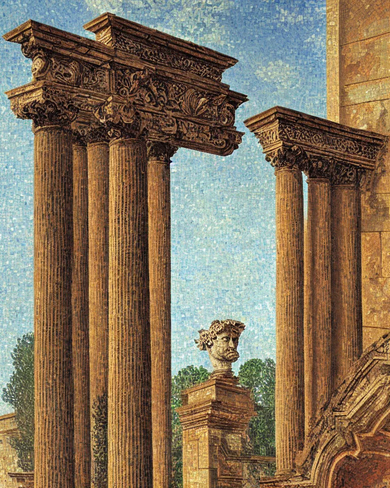 Image similar to achingly beautiful painting of intricate ancient roman corinthian capital on radiant mosaic background by rene magritte, monet, and turner. giovanni battista piranesi.