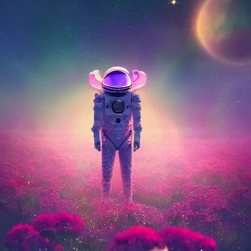 Image similar to an alien astronaut among a field of foreign flowers by rossdraws and beeple, cosmic nebulae, deviantart:4, bokeh, dark rainbow, cgsociety