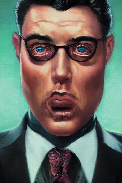 Prompt: a painting of a man wearing a suit and tie, a character portrait by Vladimir Tretchikoff, digital art by by József Borsos, cyberpunk art by Ed Paschke, trending on Artstation, digital painting, digital illustration, vaporware