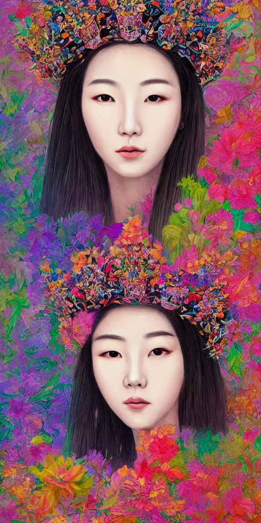 Prompt: highly detailed portrait of a korean queen, wearing a crown of flowers by roger dean and alena aenami