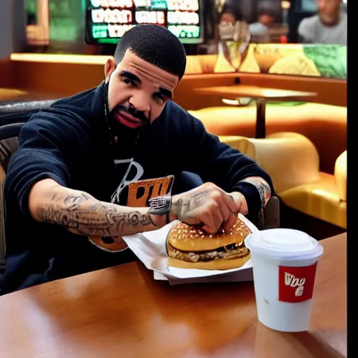 Prompt: rapper drake eating at burger king's fast food with bella hadid, photorealistic, dynamic light, ultra detailed