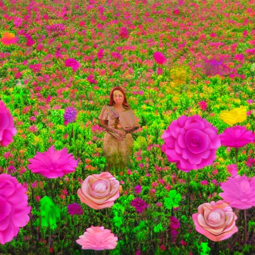 Image similar to group young ladies lost in a giant flower garden, pinks, gold in the style of cyberpunk glitch painting, octane render, 8k