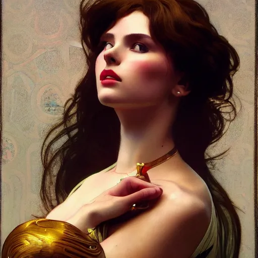 Image similar to modern woman | hyperrealistic | action pose | digital painting | trending on artstation | pinup portrait | clean | illustration | dressed | Unreal Engine 5 | 8k resolution | by Greg Rutkowski Alphonse Mucha Gustav Klimt, J.W. Waterhouse and Mel Ramos